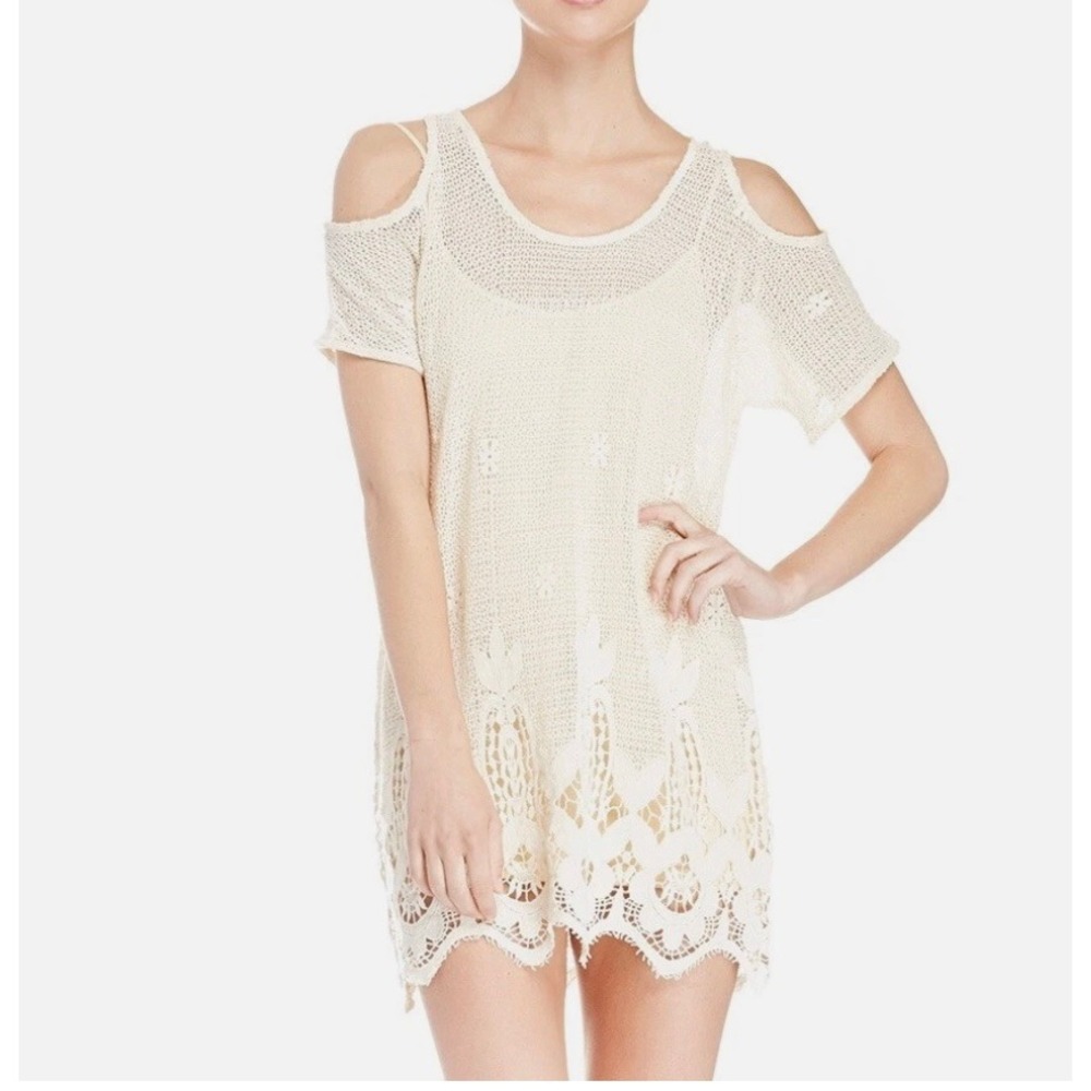 Lovers And Friends Ivory White Crochet Lace Cold Shoulder Weekend Tunic Top Boho